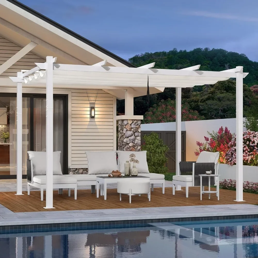 

10'x13' Outdoor Retractable Pergola White Heavy-Duty Aluminum Pergola Patio Modern Pergola with Double Sun Shade Canopy