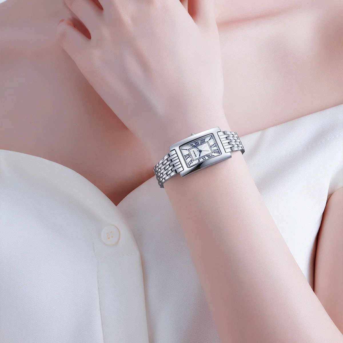 بيرني ساعة مربعة للنساء كوارتز موضة السيدات ساعة اليد 316L الفولاذ المقاوم للصدأ الأرقام الرومانية عادية مستطيل ساعات نسائية