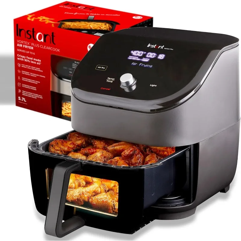 

6QT Air Fryer, Clear Windows, Custom Program Options, 6-in-1 Functions, Crisps, Broils, Roasts, Dehydrates, Bakes, Reheats