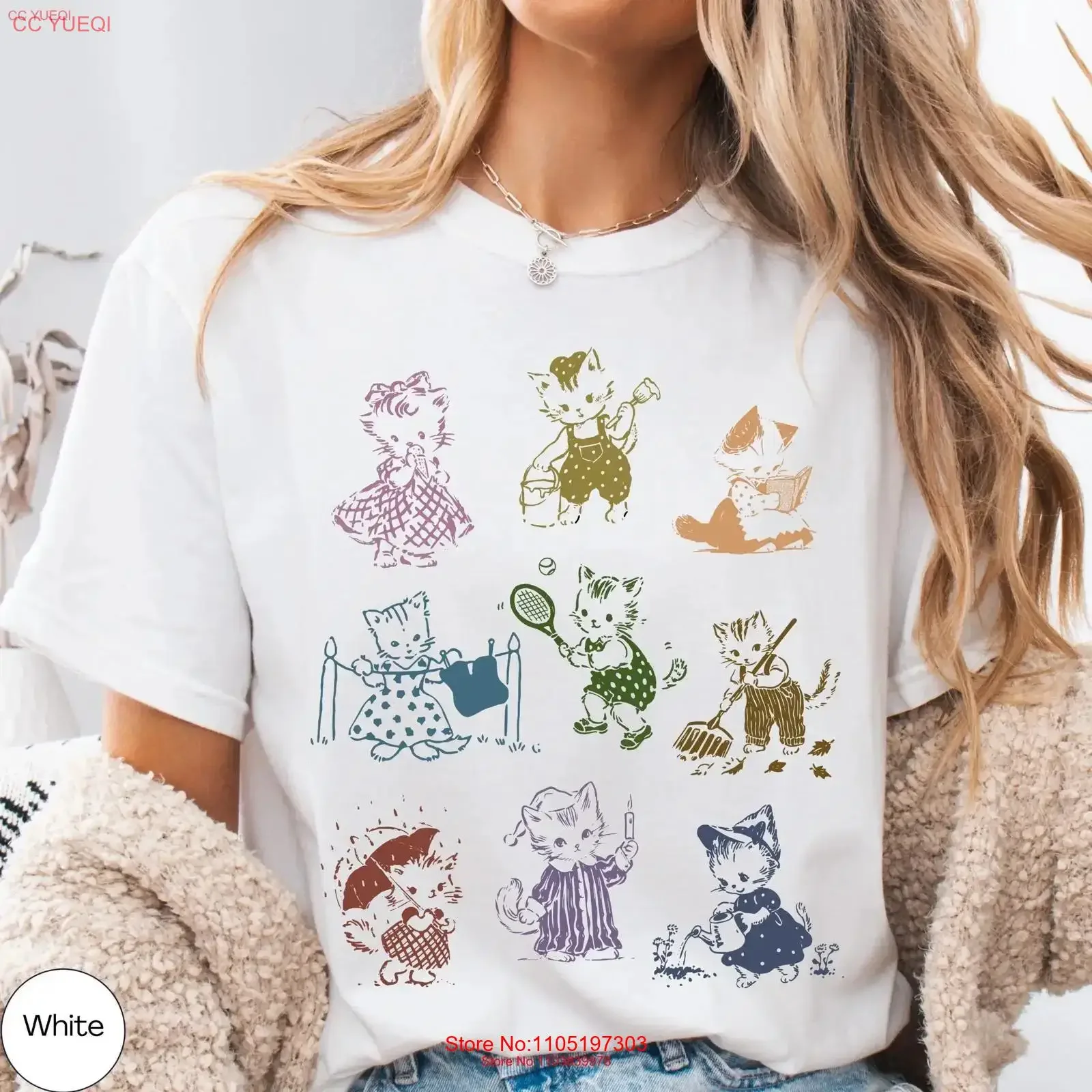 

Vintage Cute Cat T Shirt Playful Illustrated Whimsical Fashion s for her Art Lover Fun Summer Apparel vintage Washed Slightly
