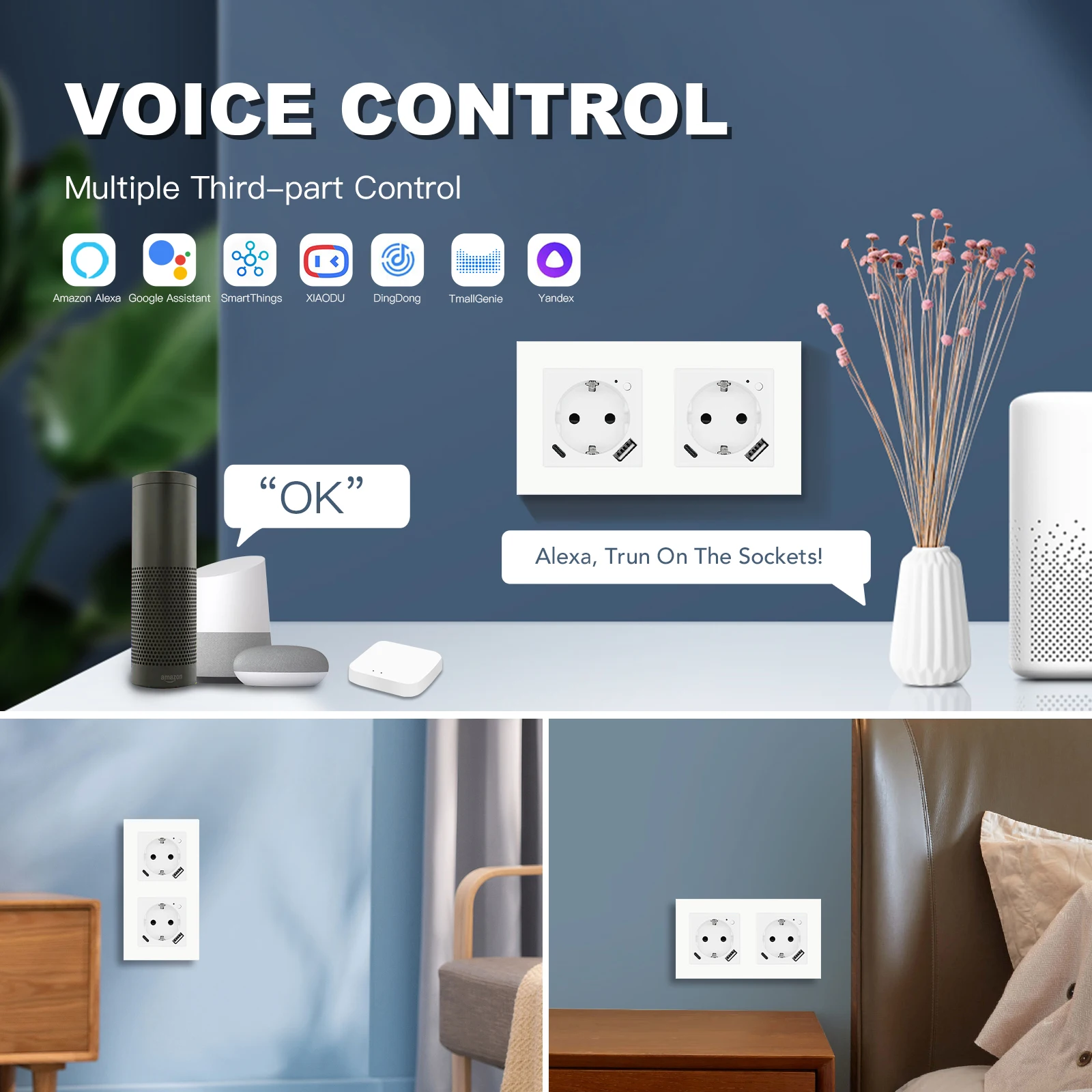 BSEED Zigbee EU Socket Plus 20w Type-c USB AC Ports Power Monitor Smart Plug Tuya Smart Life Alice Voice Control Matte PC Frame