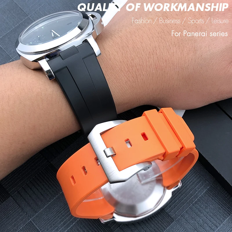 Curved End Rubber Silicone 24mm Watch Band for PANERAI PAM Black Folding Buckle Green Orange Diving Strap Bracelets Free Tools