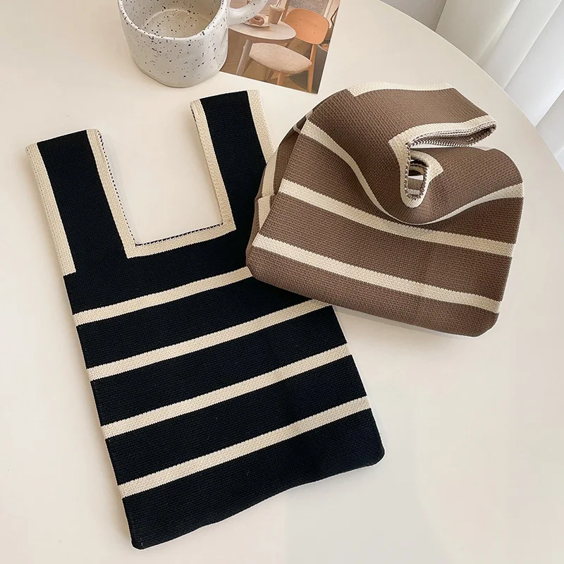 Japan Korean Women\'s Bags 2023 Fashion Office University New Handbag Stripe Weave Knitted Bag Wrist Tote Bag Ladies Gifts