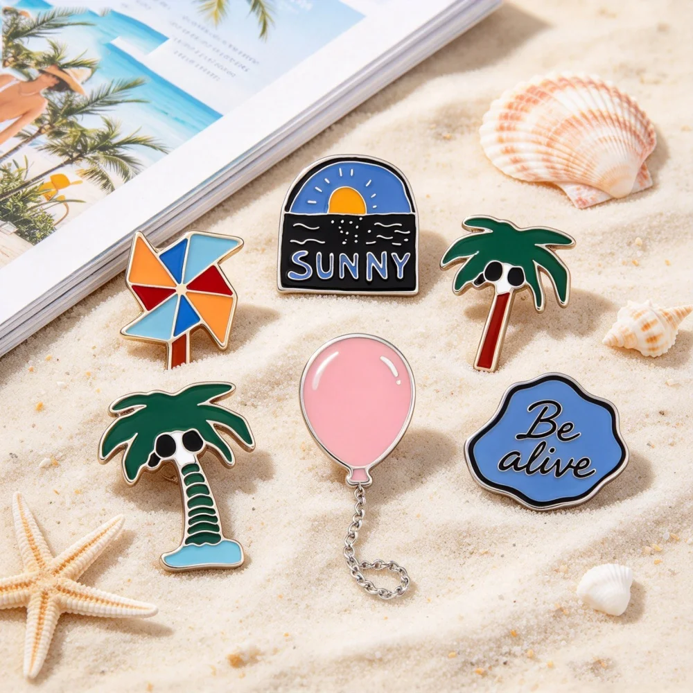 Broches y alfileres románticos con motivos de amanecer en el mar, playa, chanclas, palmeras, esmalte, dibujos animados para niños, globos rosas, molinillo de viento, insignias, sombreros, bolsos y joyería.