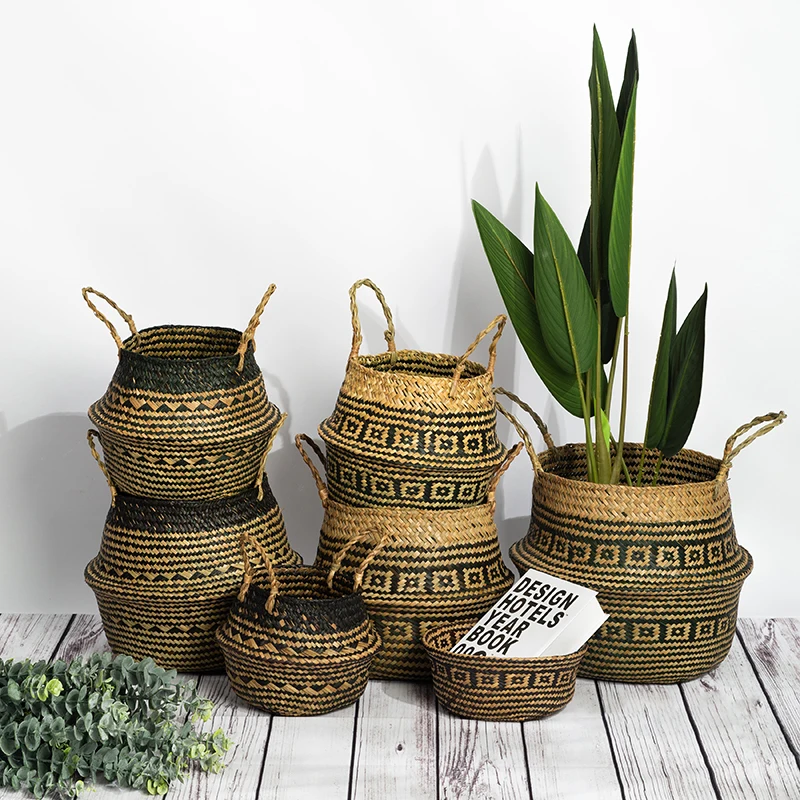 

3Pcs Seagrass Belly Basket with Handles Multipurpose Wicker Storage Basket Laundry Garden Decorative Storage Organizer