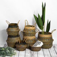 3Pcs Seagrass Belly Basket with Handles Multipurpose Wicker Storage Basket Laundry Garden Decorative Storage Organizer