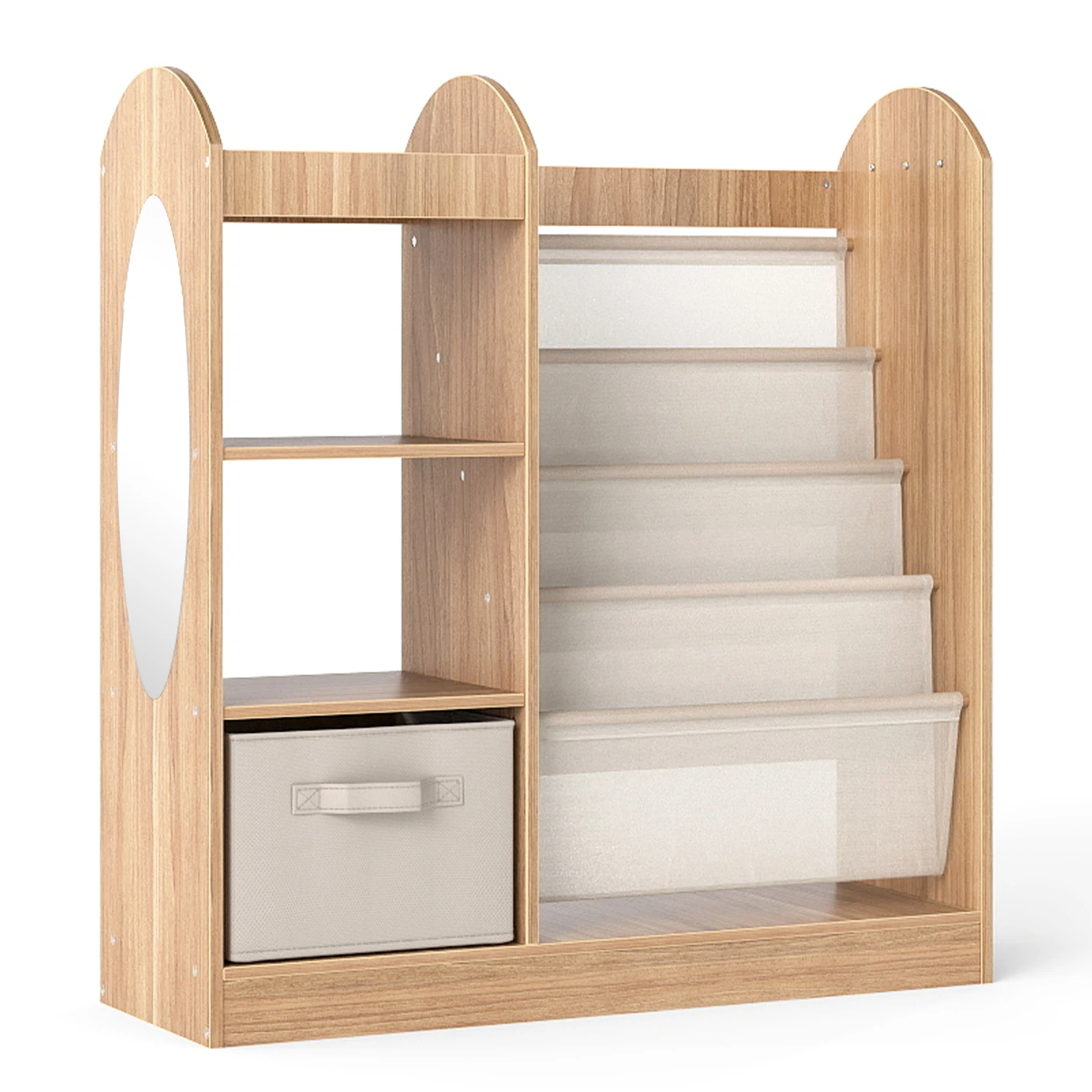 Kids Bookshelf with Full-Length Mirror, 4-Tier Sling Shelves & Fabric Drawer