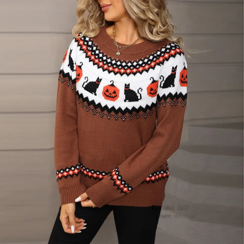 

Женские пуловеры, свитера, осень-зима, повседневные трикотажные топы, женская верхняя одежда с длинными рукавами и круглым вырезом, уличная одежда на Хэллоуин