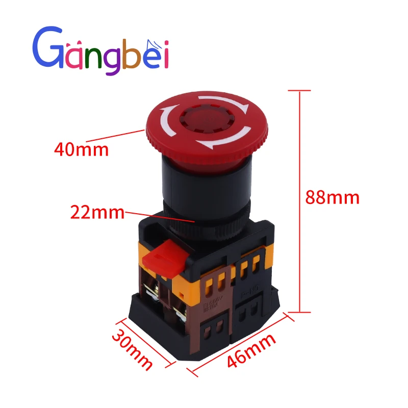 Mushroom head button switch ANE-22 with light LED emergency stop button(Mounting hole 22 25mm) AC220V