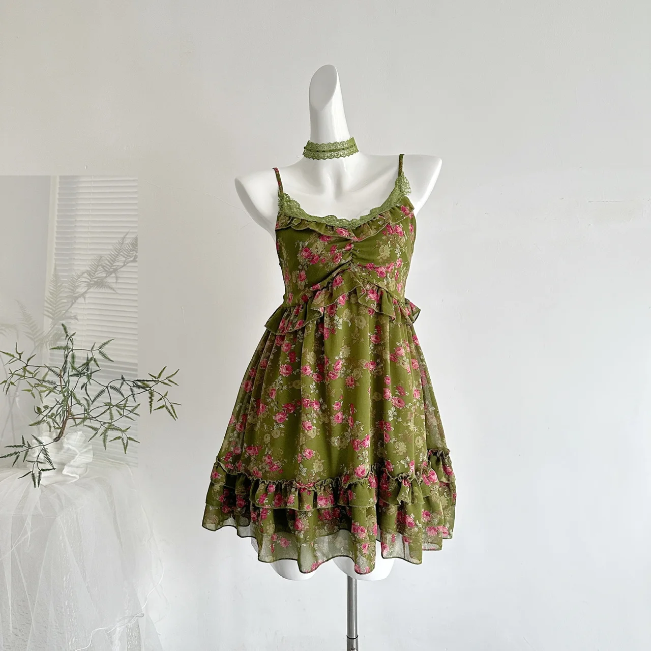 

Qiukichonson Printed Mini Dress Summer Spaghetti Strap Dress Korean Women's Casual Fashion Ruffles Pleated Cotton Dress rok