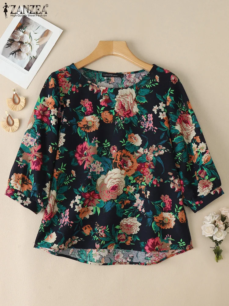 ZANZEA Woman Vintage Floral Printed Cotton Blouses Summer Casual 3/4 Sleeve O-Neck Blusas Mujer Vacation Loose Day Wear Tops