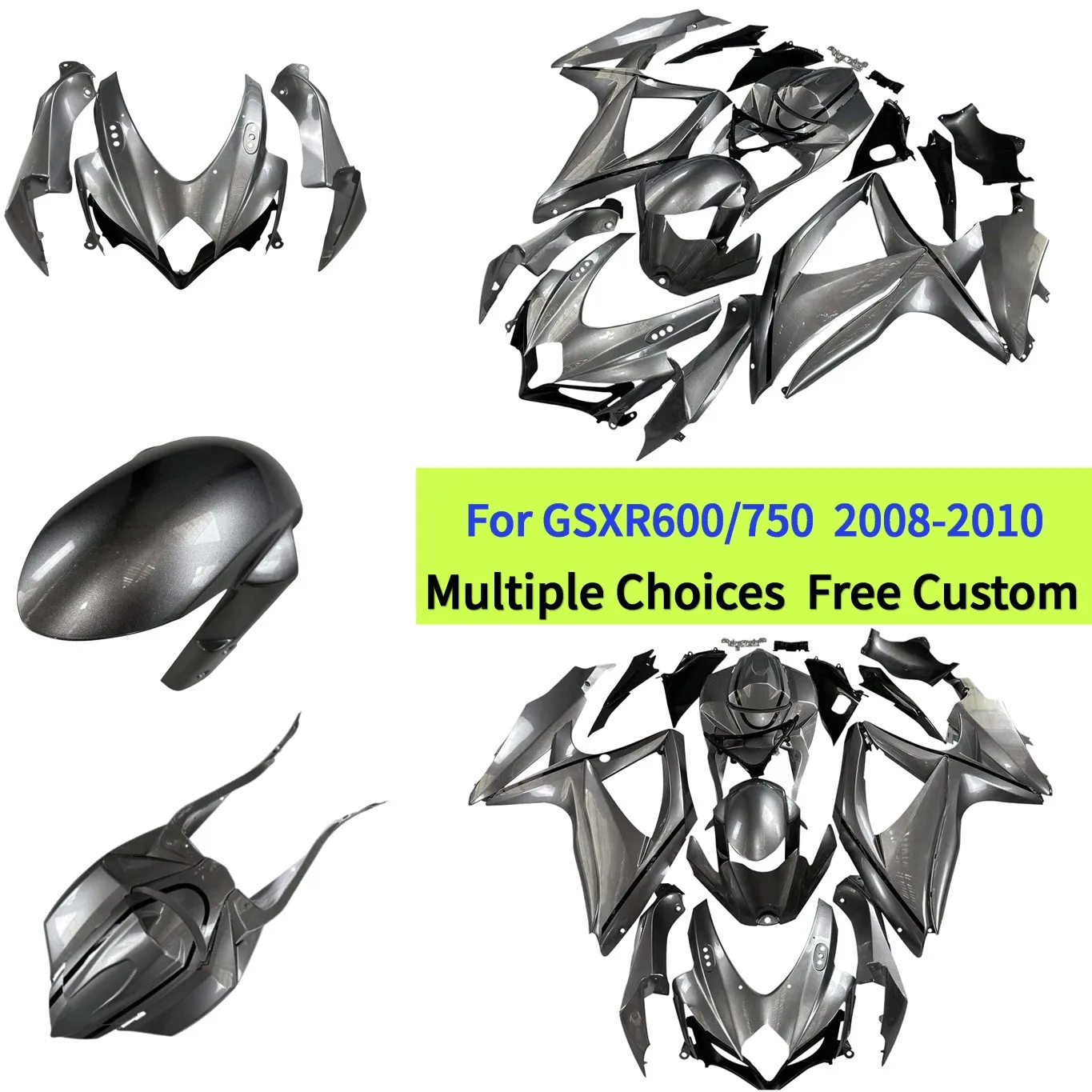 Full Set Gloss Metallic Gunmetal Painted Body Panel Fairings For GSXR600 GSXR750 2008–2010 K8 Street Track Conversion Kit