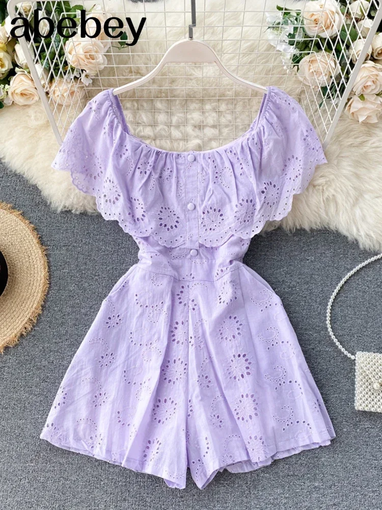 

Sexy Slash Neck Women Jumpsuits 2026 New Sweet Ruffles Hollow Solid Rompers Summer Fashion Wide Leg Short Rompers
