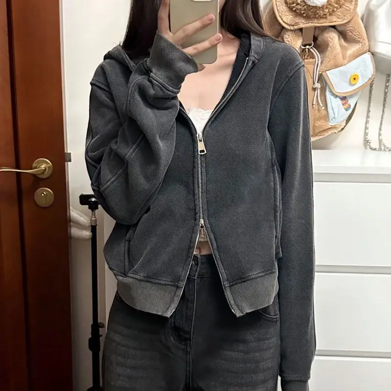 American Washed Zipper Hoodie Sweatshirts Women Spring Retro Do Old Loose Short Versatile Hooded Jacket for Girls Streetwear