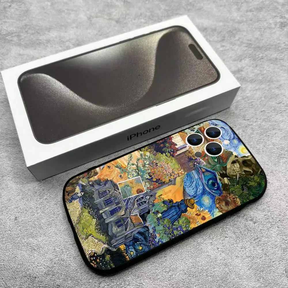 Capa de telefone Sunflower Art V-Van G-Gogh para iPhone 17,16,15,14,13,12, Pro, Max, Plus, E, SE4, Air, Mini caixa macia preta