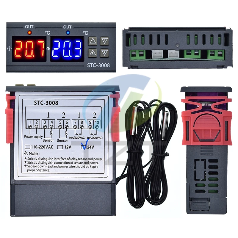 Dual Digital STC-3008 Temperature Controller Two Relay Output Thermostat Heater with Probe 12V 24V 220V Home Fridge Cool Heat