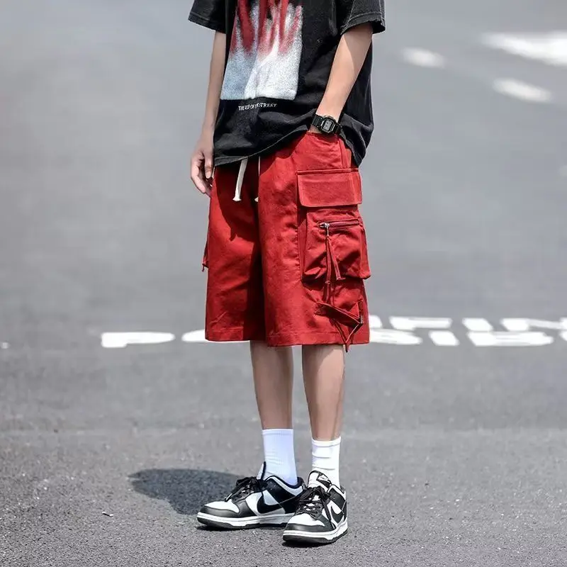 Men's Big Size Knee-Length Wine Red Cargo Shorts in American Hip Hop Style for Summer Casual Functional Attire