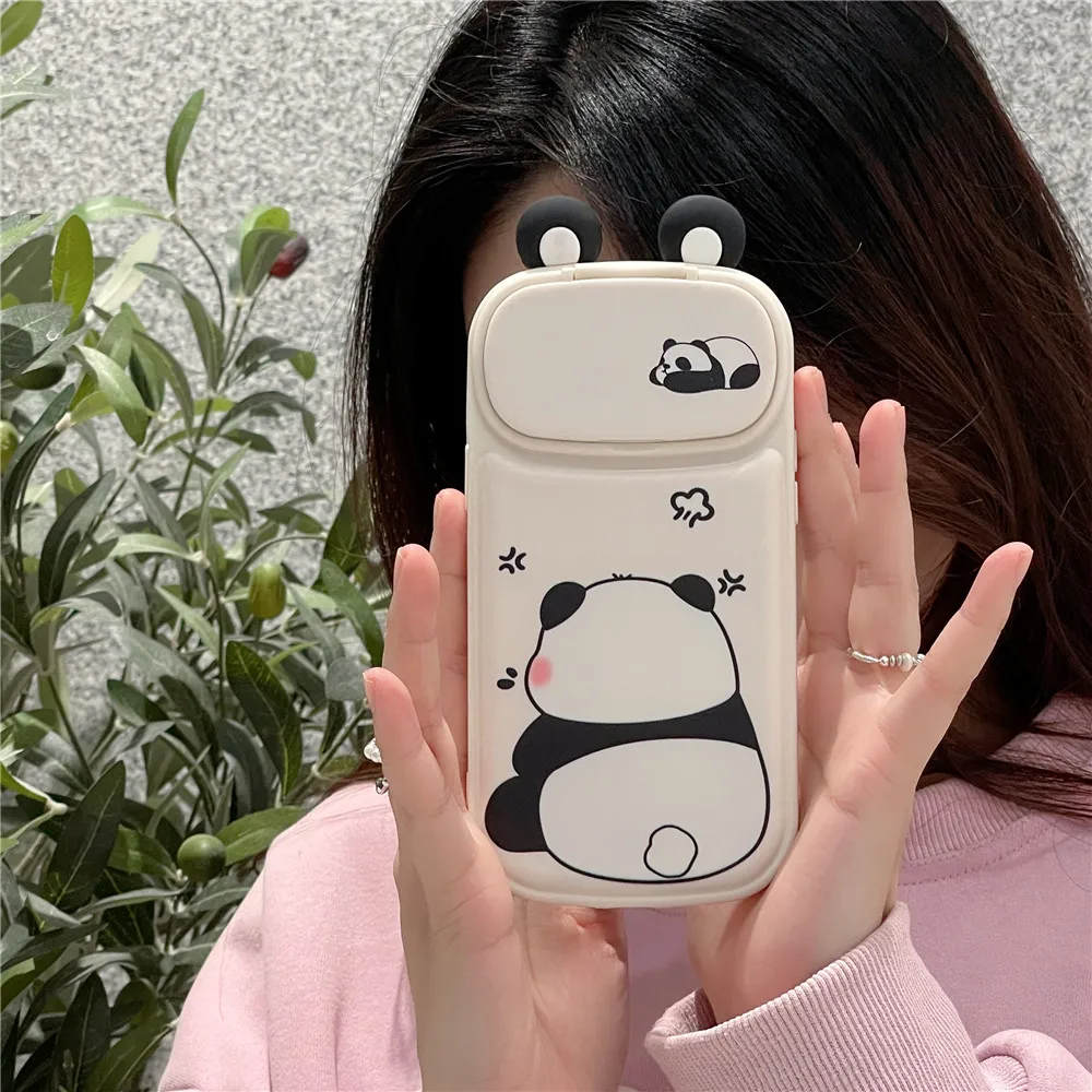 3D Korea Funny Panda Retro Antenna Camera Protective Phone Case For iPhone 15 14 14Pro 12 12Pro 13 11Pro Max Makeup Mirror Cover