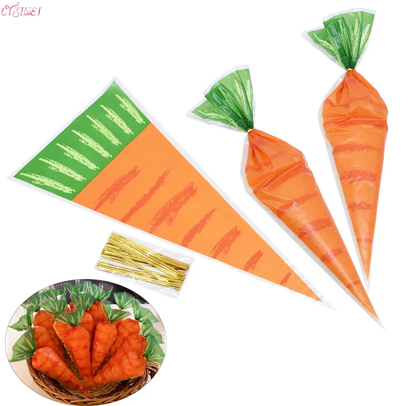 20pcs Easter Carrot Candy Bag Easter Bunny Rabbit Gift Bag Candy Triangle Cone Packaging Bags Happy Easter Birthday Party Decor