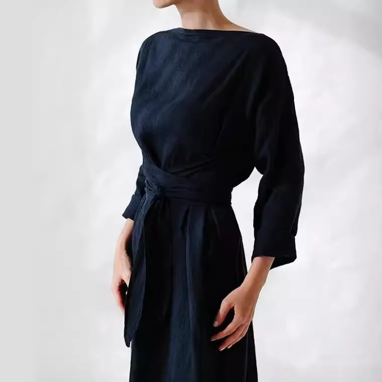 Herbst Langarm Lose Baumwolle Leinen Kleid Frauen 2024 Mode Lässig Solide Neue Spitze-up Bogen Maxi Kleider Elegante vestidos