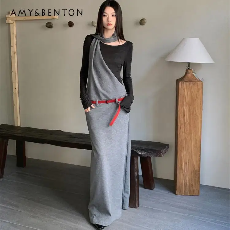 

Spring and Autumn New Wasteland Style Inner Layer Fake Two-Piece Long Sleeve Halter Neck Waist-Cinching Long Brown Gray Dress