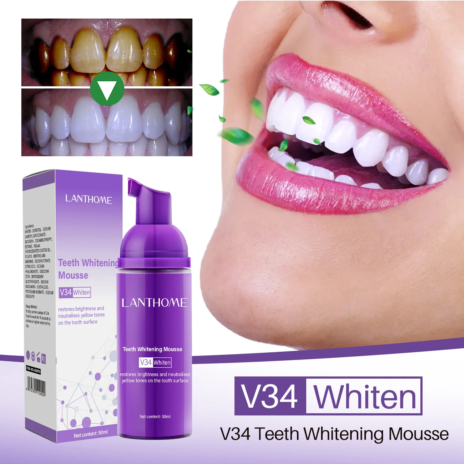 Dental V34 Teeth Whitening Kit Teeth Whitening Toothpaste Mousse Removing Dental Plaque Refreshing Air Oral Care Gum Protection