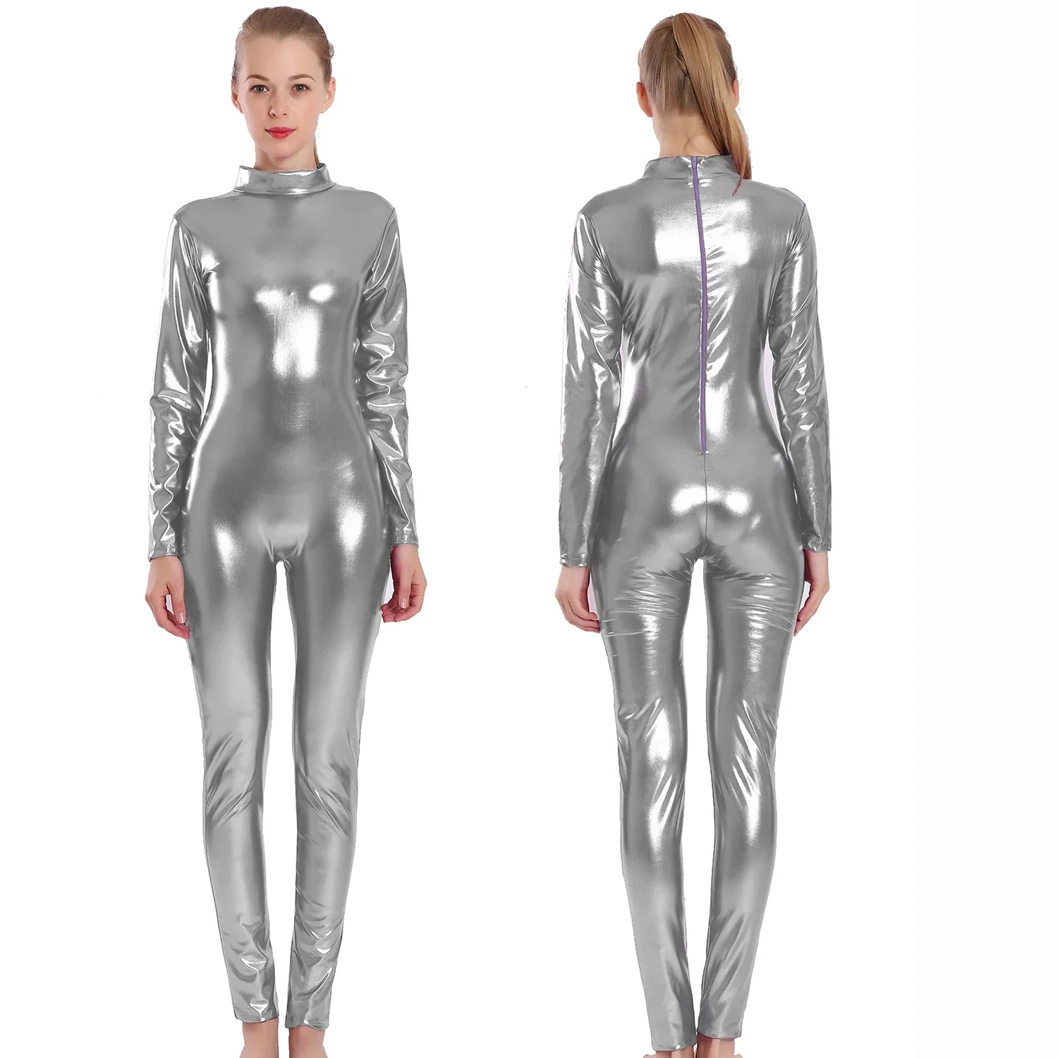 بدلة رقص باليه معدنية لامعة للسيدات بسحاب أمامي Unitard أزياء الهالوين التأثيرية