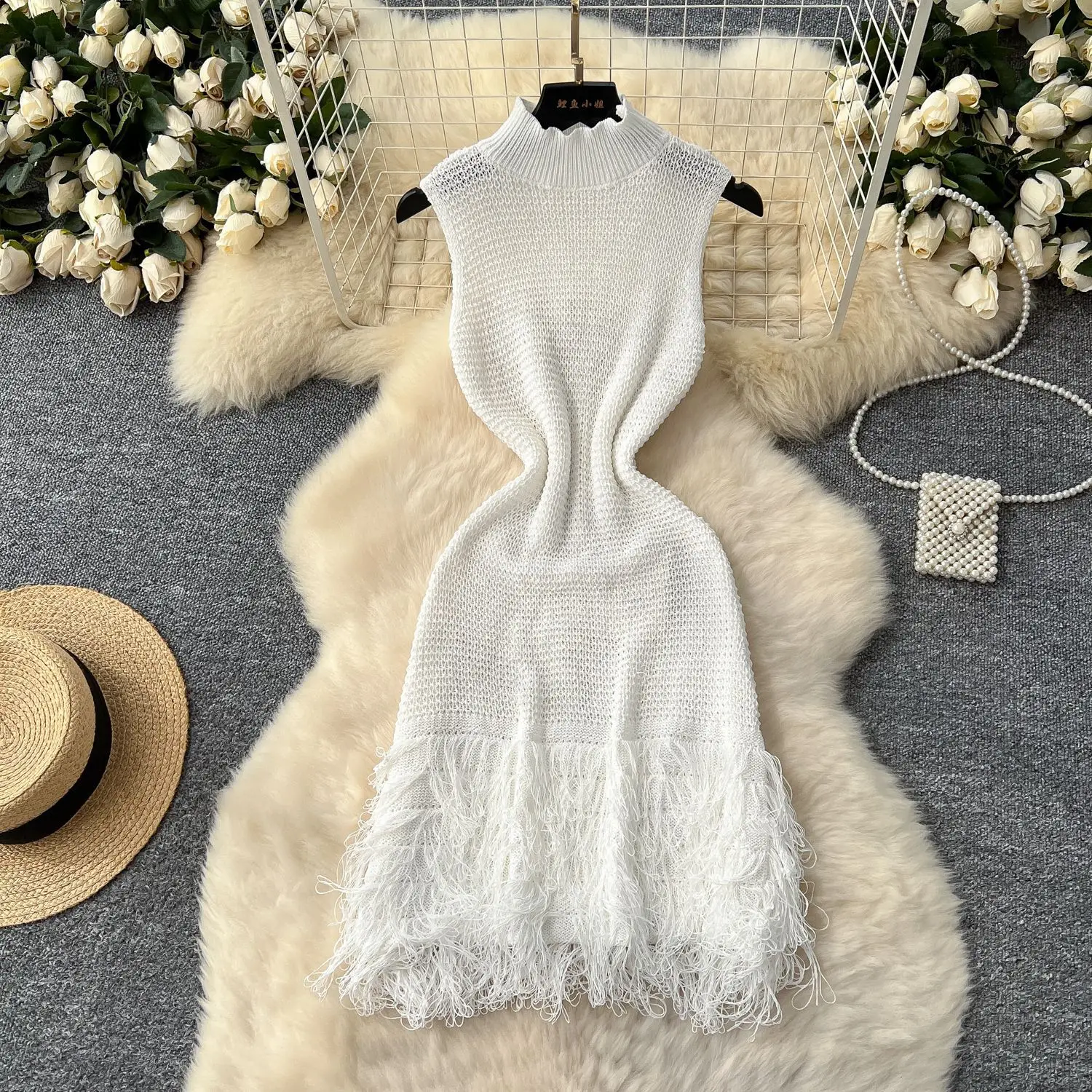 AW Super Elastic Sexy Fashionable Exquisite Versatile Comfortable Tassel Hem Round Neck Sleeveless Crochet Bodycon Dress