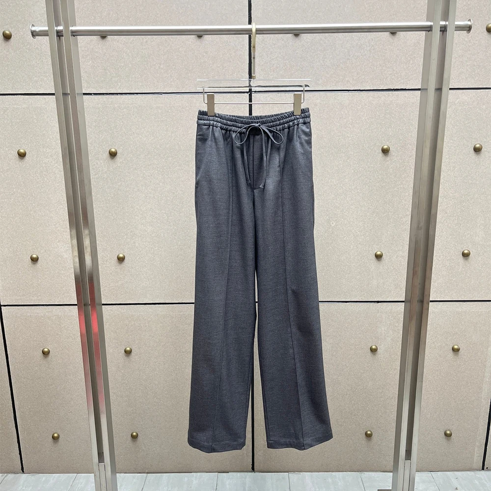 Women Wool Mix Elastic Drawstring Waist Wide Leg Trousers Front Center Seam Loose Straight Pants Casual Office Daily Wear