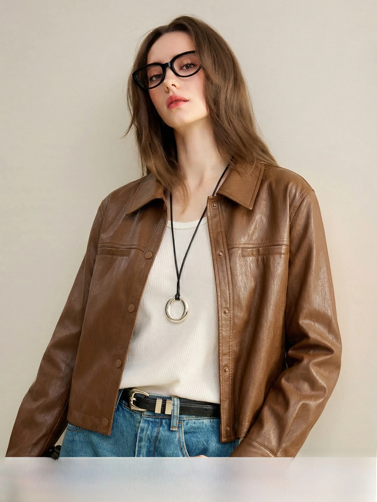 

Josseline Pumpkin Valley ort Loose Women's Jaet Glossy Texture Leather Flip Collar Faionable Spring Coat Cotton Blend