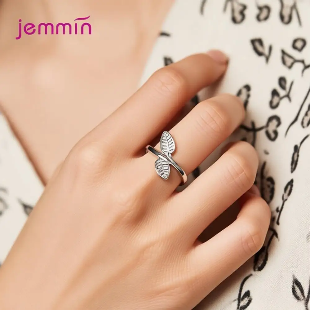 Simple 925 Sterling Silver Tree Leaf Metal Open Adjustable Finger Rings For Women Girls Anniversary Party Fashion Jewelry Gifts