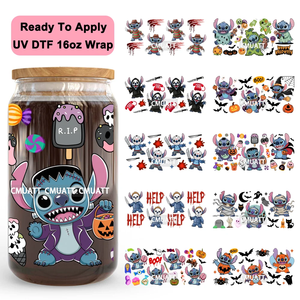 

Horror Killers Cartoon Halloween Season Boo UV DTF Wraps Transfer Sticker Selfadhesive Waterproof Logo For 16OZ Libbey Glass Can