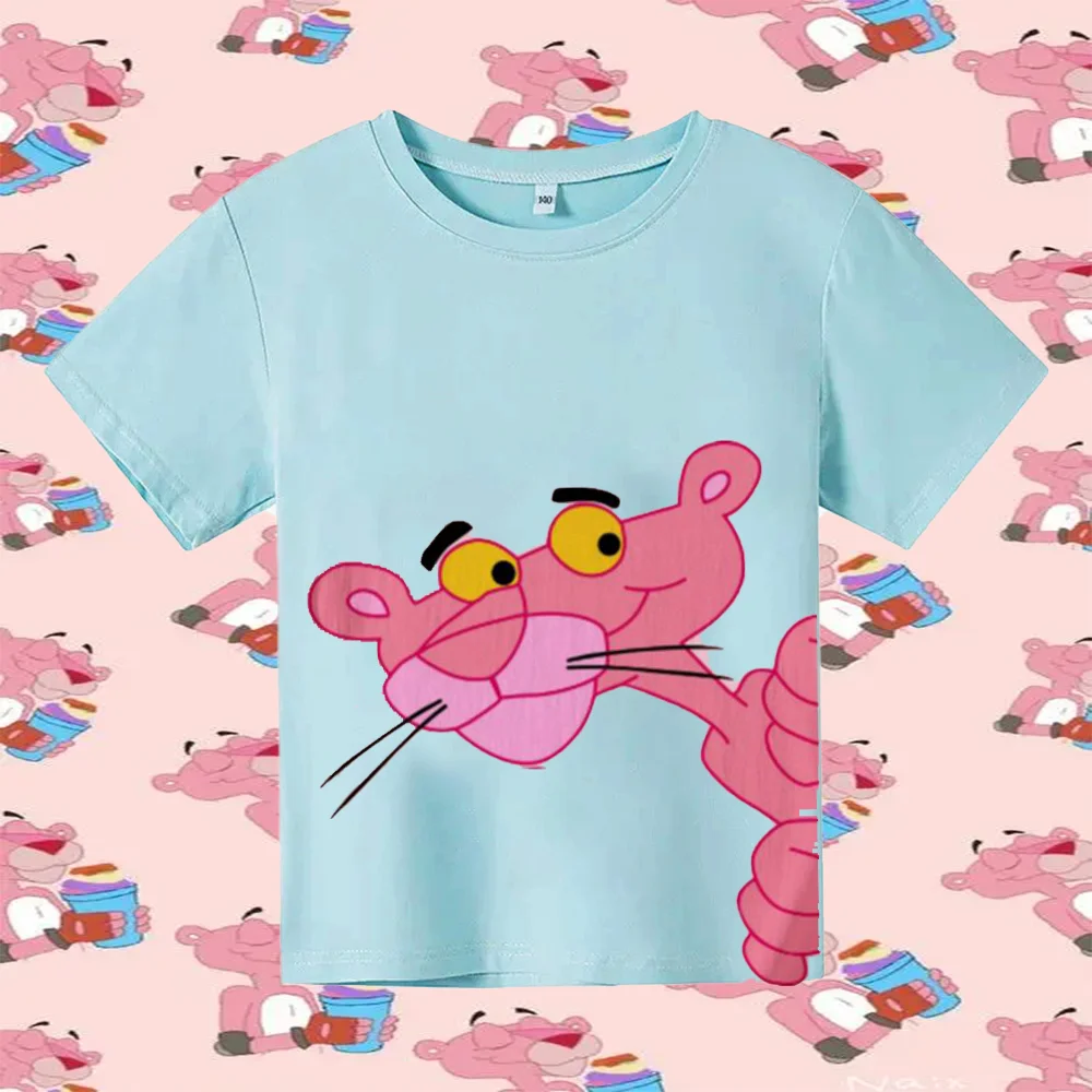 Pink Panther Cartoon Print Tshirt Girls Kids Clothes Cute Cat T-Shirt Children\'S Clothing Summer Tops Tee Shirt 100% Pure Cotton