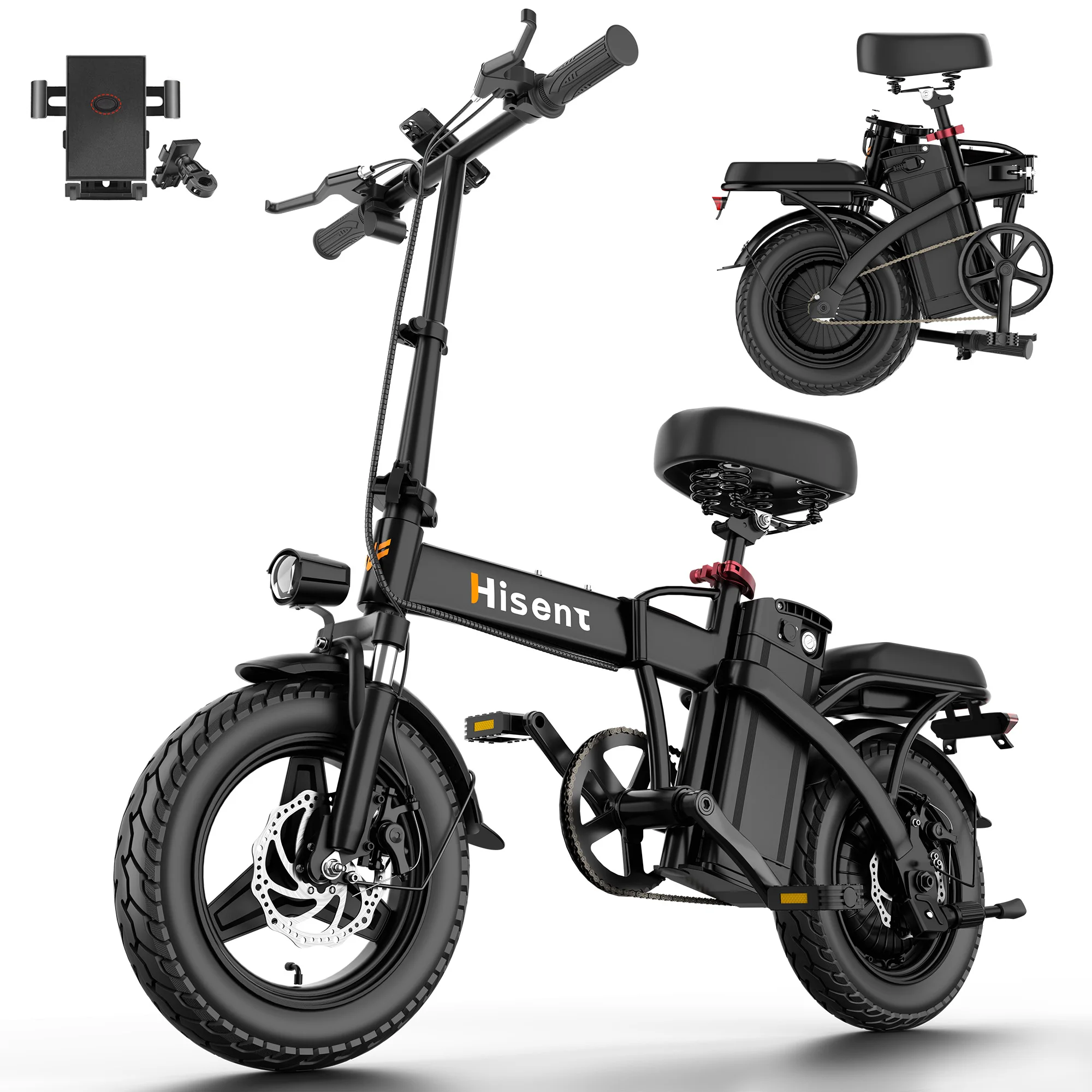 

Hisent folding electric bicycle, rated power 500W, equipped with 48V 6AH lithium battery; 15-20MPH, 14 high-quality tires