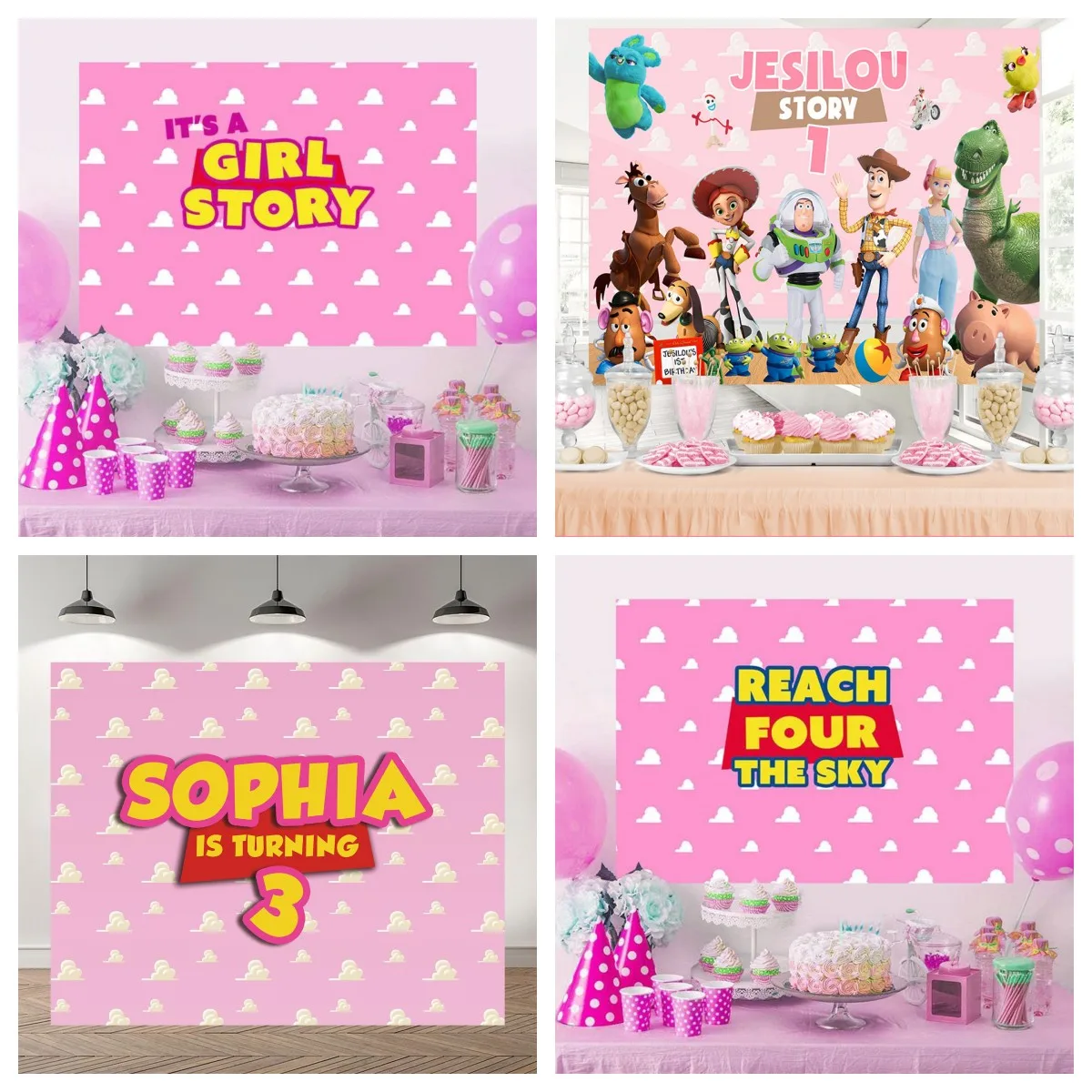 Disney Princess Pink Girls Toy Story Sky Backdrop Baby Shower Photography Custom Birthday Background Vinyl Photo Studio Banner