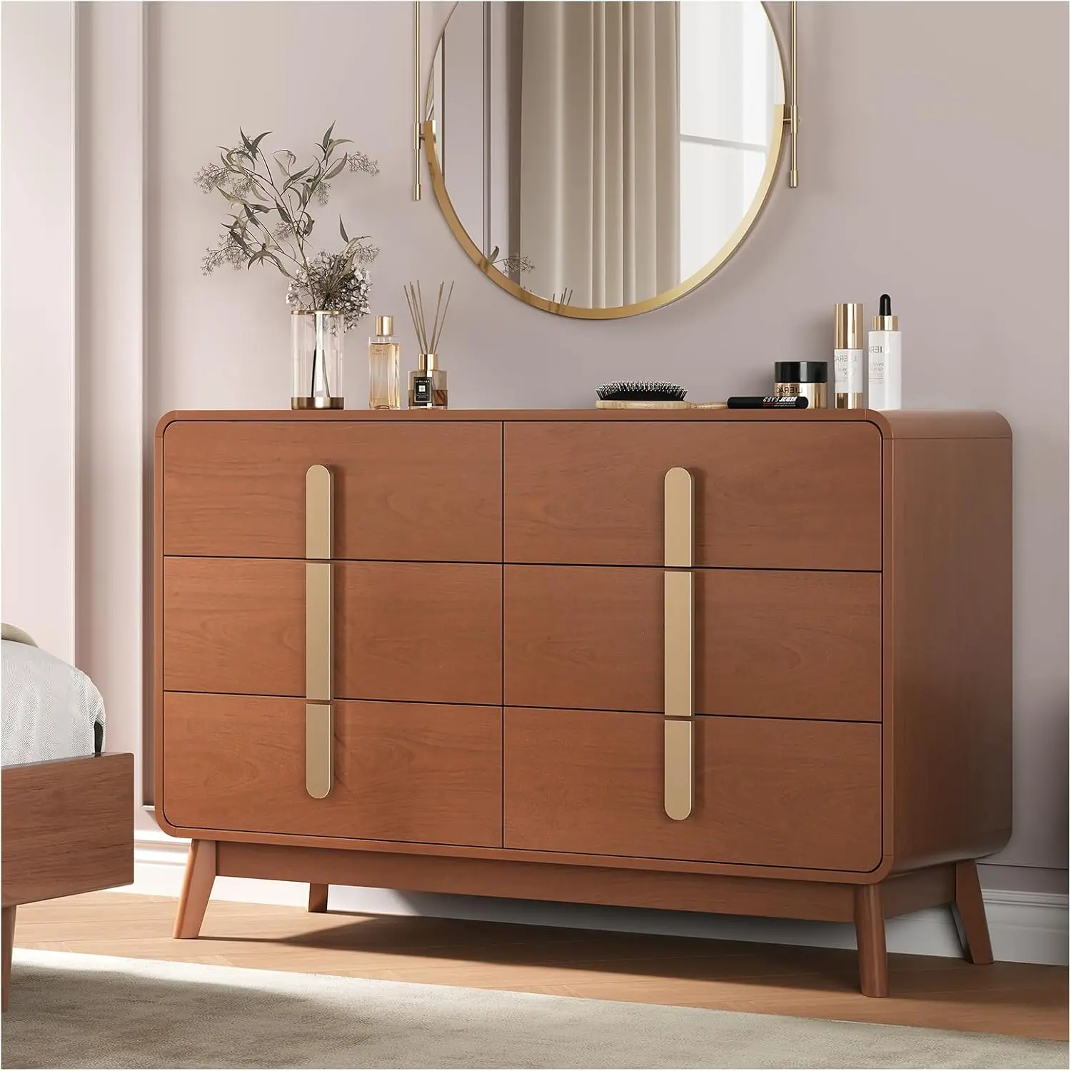 Cherry Wood Dresser for Bedroom, Living Room, and Hallway: 6 Drawers, Mid Century Modern with Metal Handles