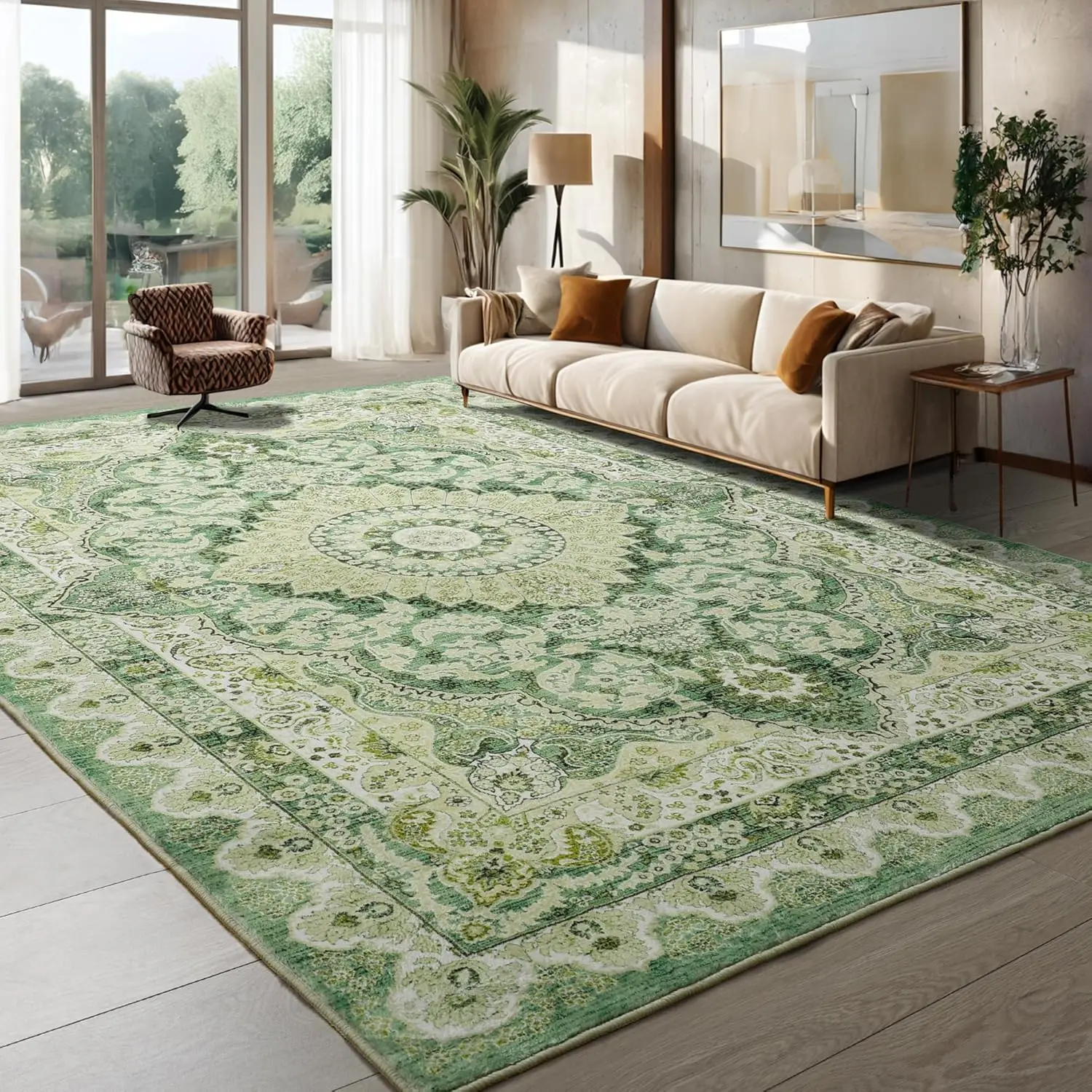 Area Rugs for Living Room, Machine Washable Vintage Rug, Non-Slip Low Pile Throw Rugs with Rubber Backing Washable Carpet