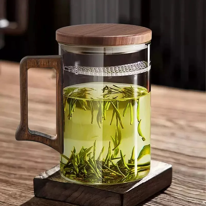 550ml Heat-Resistant Brewing Loose Tea Glass Cup With Crescent Filter Wooden Handle Tea Cup Office Tea Maker Drinkware