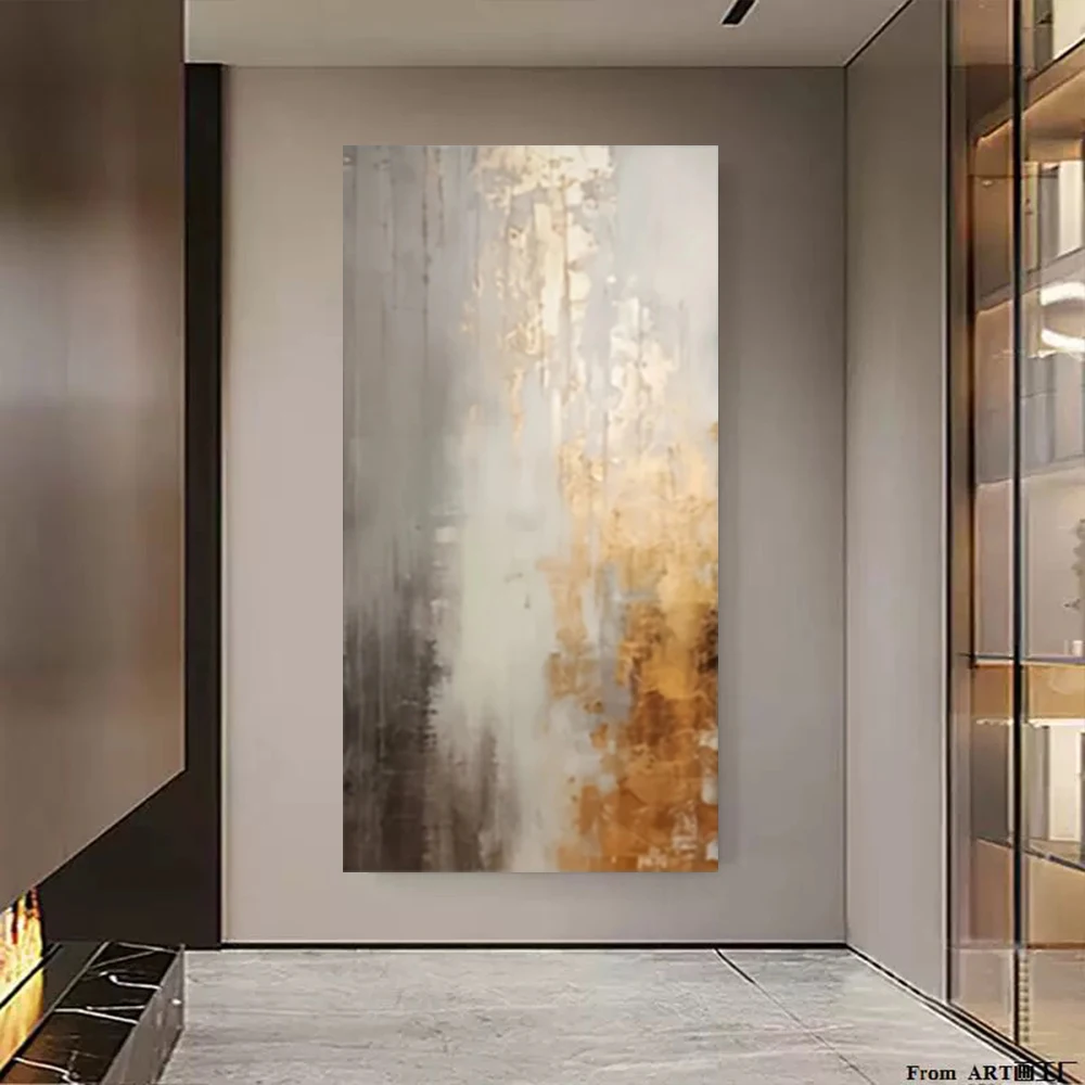 1pc Frameless Canvas Painting Hand Drawn Abstract Original Wall Art Picture Top Gray Gold Foil Texture Mural For Home Room Decor