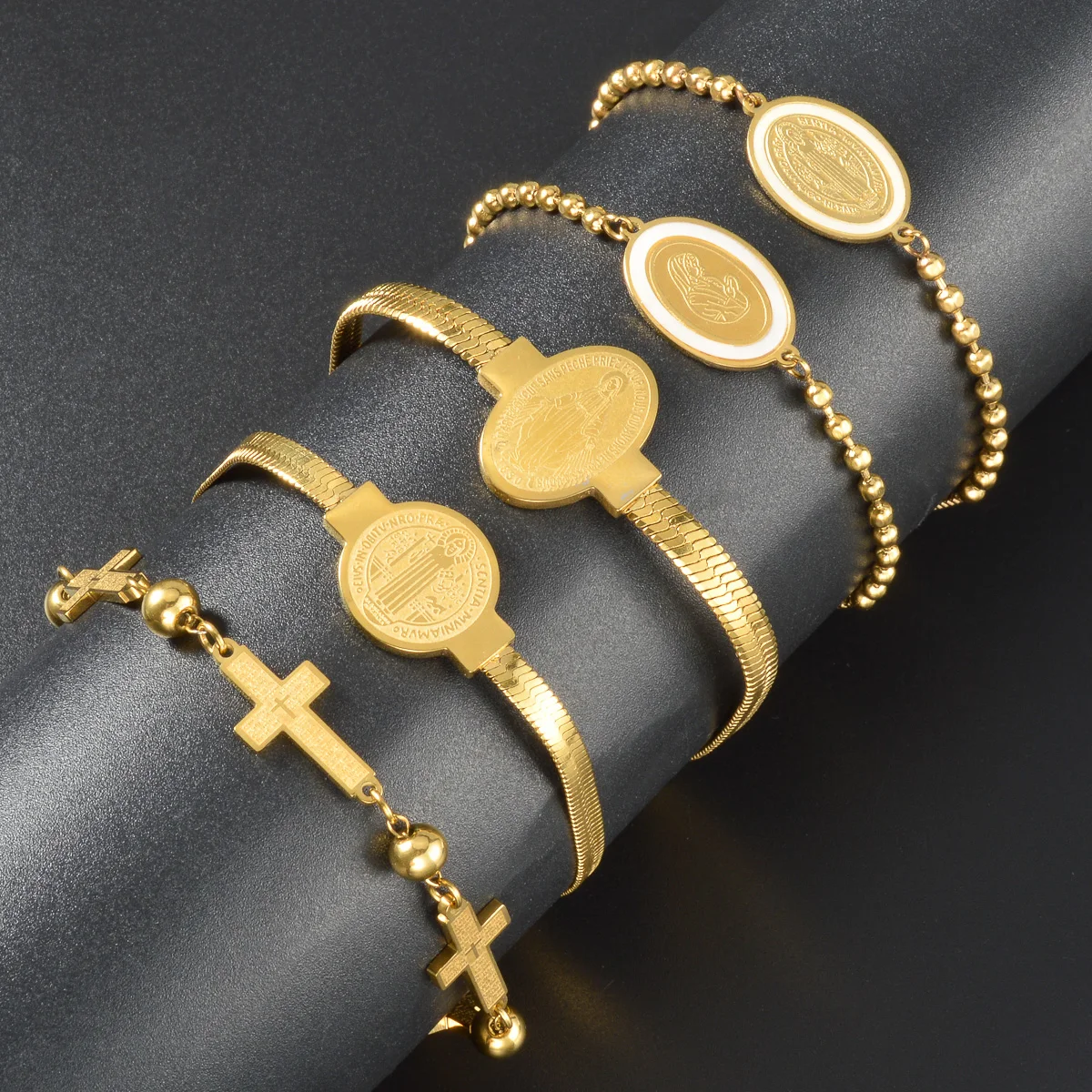 Catholic Religious Bracelet for Women Stainless Steel Virgin Mary Saint Benedict Cross Bracelet Herringbone Chain Bead Bangle
