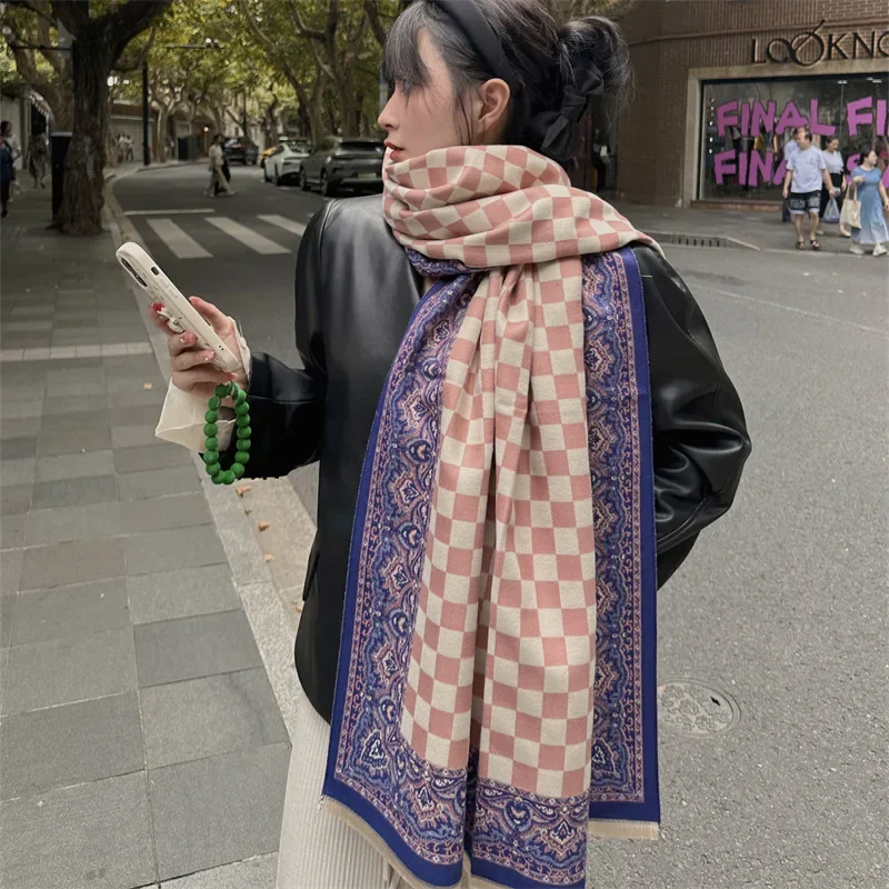 Chessboard wool scarf women's winter new versatile Qinghai Tibet Yunnan travel photo to keep warm