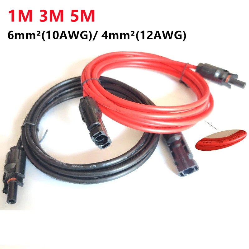 1 זוג שמש פנל הארכת כבל נחושת חוט 6mm ² 4mm ² 10 AWG 12AWG 1M 3M 5M שחור ואדום עם שמש PV חוטים מחברים