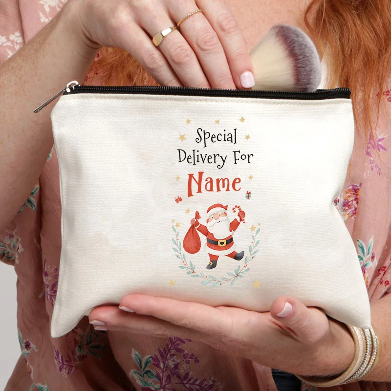 Personalized Christmas Makeup Bag Watercolor Santa Claus Canvas Zipper Pouch, Custom Name Special Delivery Cosmetic Bag Gift