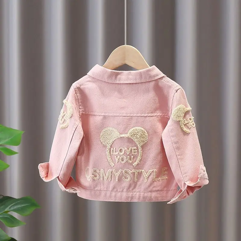 Spring Autumn Baby Girls Denim Jacket Children\'s Cartoon Letter Pattern Top Fashion Pink Cowboys Cardigan Kids Casual Coats 1-7Y