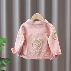 Spring Autumn Baby Girls Denim Jacket Children's Cartoon Letter Pattern Top Fashion Pink Cowboys Cardigan Kids Casual Coats 1-7Y