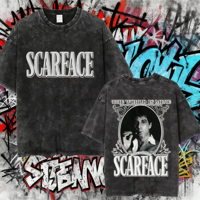 

Лето 2025 г., классическая гангстерическая футболка 90-х годов со шрамом, двусторонняя футболка Тони Монтана Аль Пачино, винтажная стираная футболка из 100% чистого хлопка