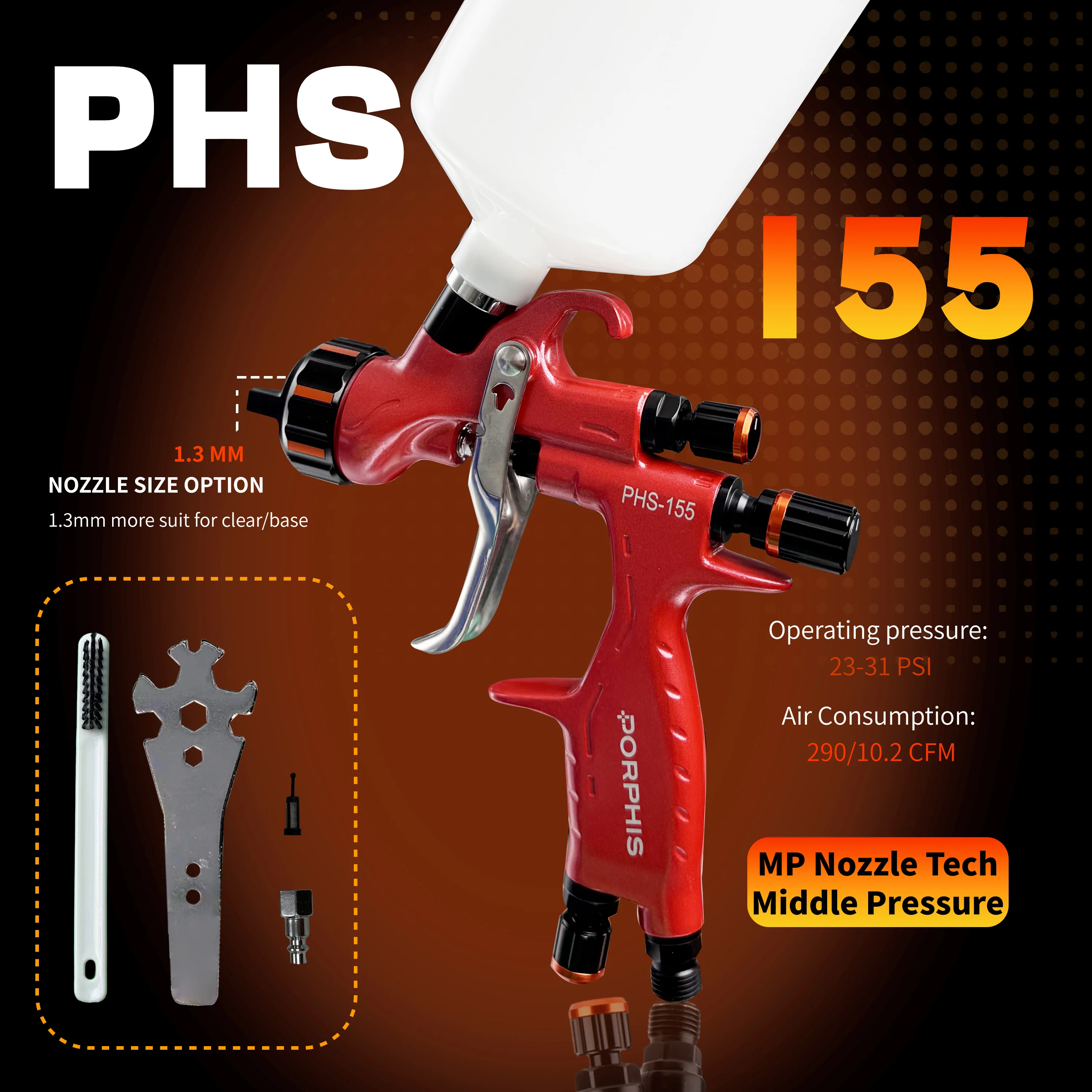 Oringinal PORPHIS Spray Gun PHS-155 Pneumatic Paint Gun Red Spray Gun Professional Automotive Coating Applicator for Car Paint