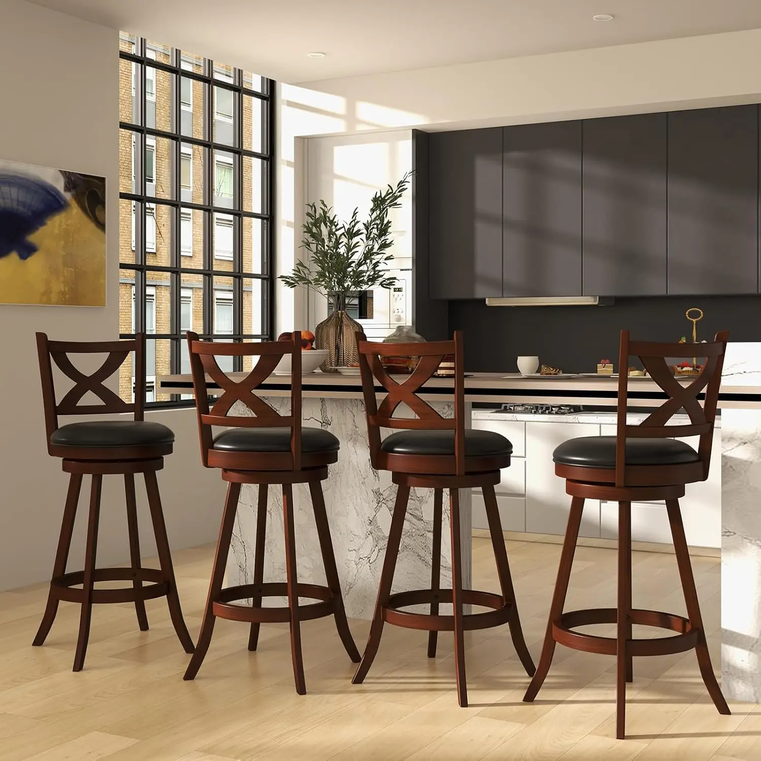 مجموعة مقاعد بار مكونة من 4 قطع، كراسي بارتفاع بارتفاع 30 بوصة كلاسيكية مع ظهر مفتوح على شكل X، مجموعة مقاعد دوارة مكونة من 4 قطع لجزيرة المطبخ، Pu