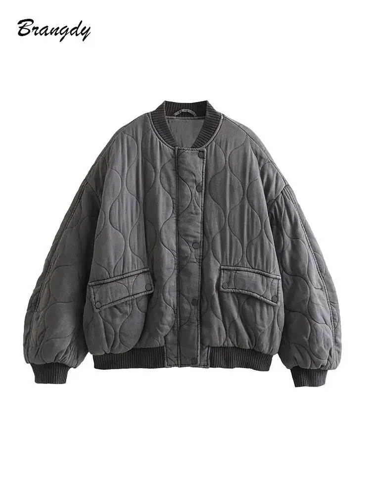 

Traf Women Bomber Puffer Gray Jackets Coats Female Parka Jacket Oversized Winter Coats Women Bf Padded Parka Chic Streetwears