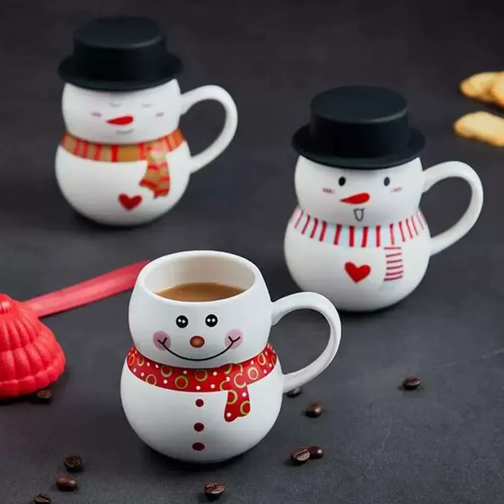 Christmas And New Year Ceramic Snowman Mug Creative Cartoon Household Coffee Milk Tea Cute Gift With Lid Tableware Multicolor